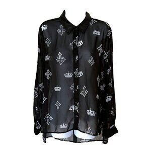 Cross Print Loose-fit Sheer Roll-up Sleeves Chiffon Button Up Shirt Black Size L